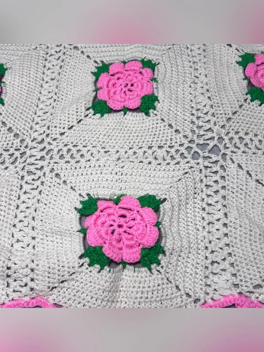 Vintage Handmade Crochet 3D Rose Afghan Blanket – Pink Floral Granny Square
